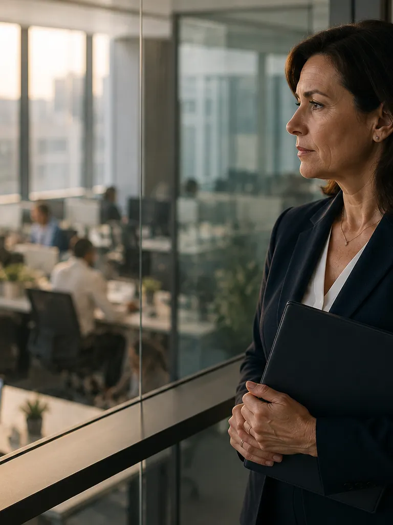 Executive holding a contract folder looks out over her team from a glass-walled office, considering a company takeover.