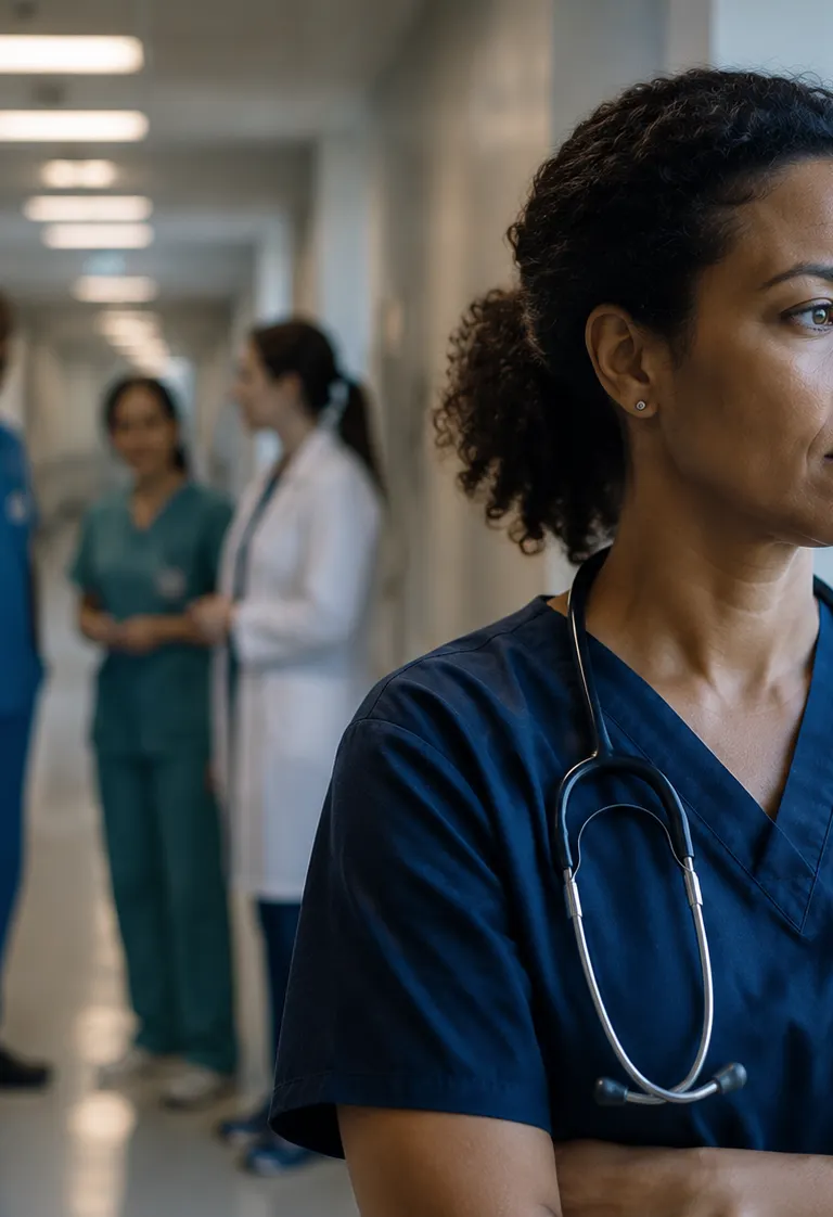 Healthcare worker in blue scrubs with a stethoscope standing in a hospital corridor with a serious, contemplative expression, while a group of colleagues talks together in the blurred background.