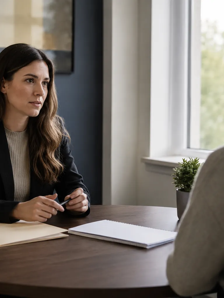 Two women in a private office having a serious conversation across a small table, one in a blazer holding a pen with a folder and open notepad in front of her, soft daylight from a window.