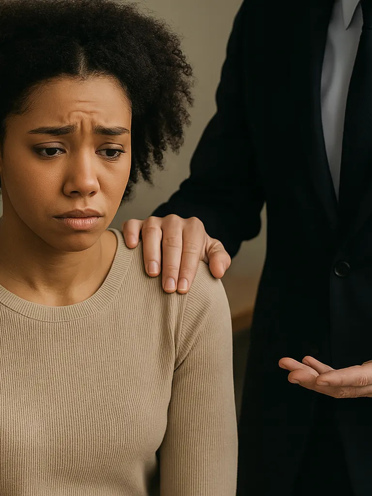 A man putting his hand on a woman's shoulder