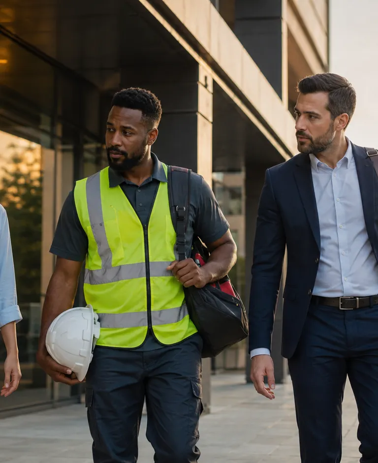 Three employees leaving a modern workplace while discussing workplace rules and off-duty conduct.
