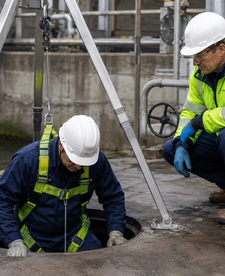 Two industrial workers in safety gear managing a confined space entry through a manhole at a worksite.