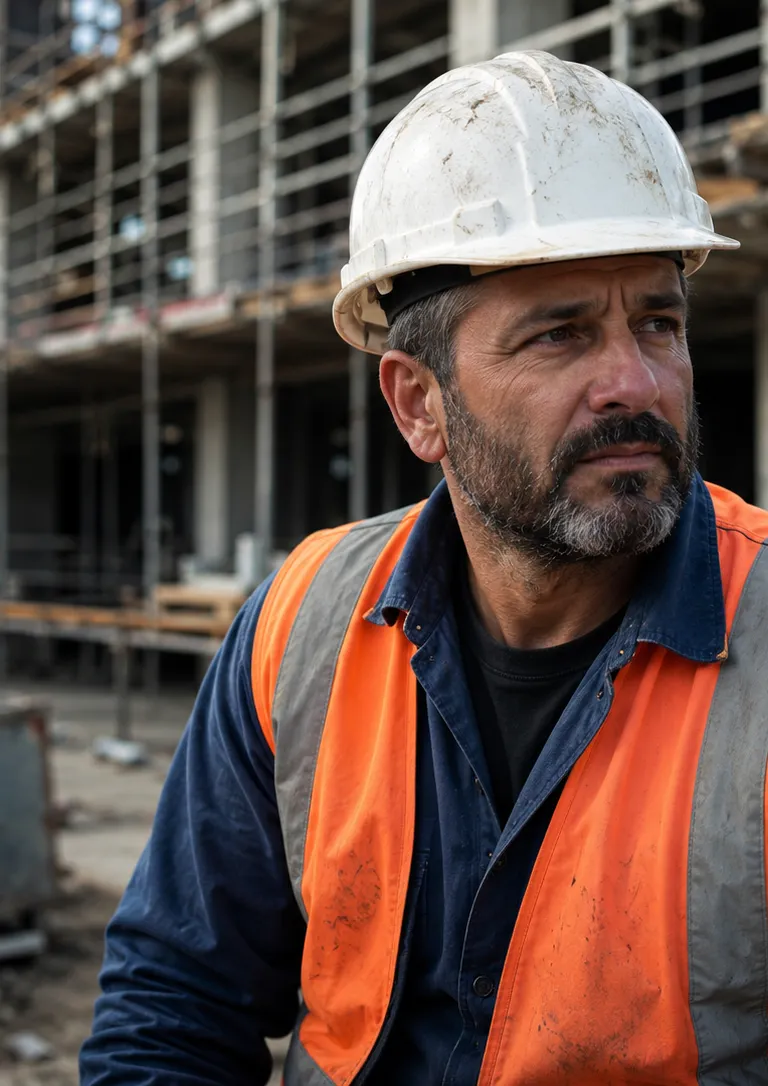 Construction worker in a hard hat and safety vest standing on an active job site during a break, looking off with a concerned expression, scaffolding and a partially built structure behind.