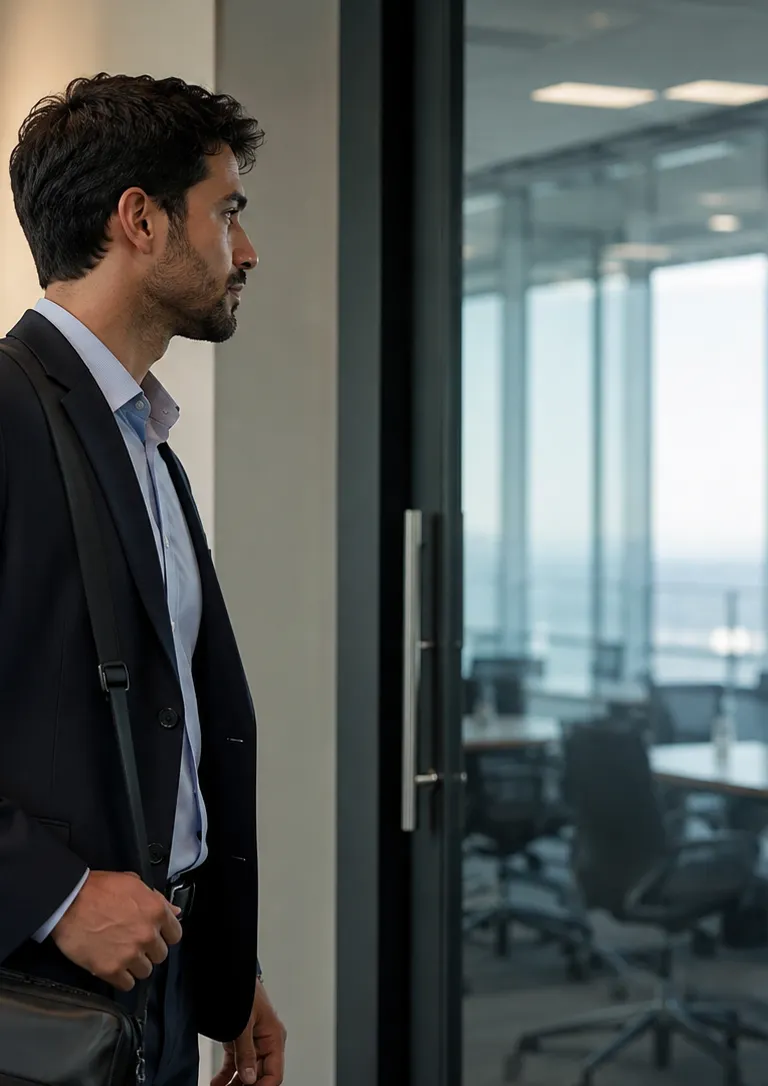 Professional in a suit with a shoulder bag pausing at a glass office door, looking into an empty conference room beyond.