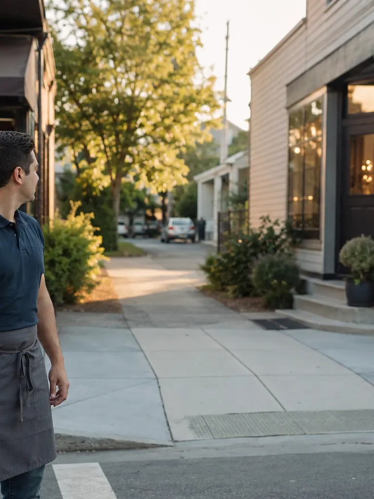 A worker in everyday work clothes pauses between two storefronts, representing the freedom to change jobs when a low-wage noncompete no longer applies.