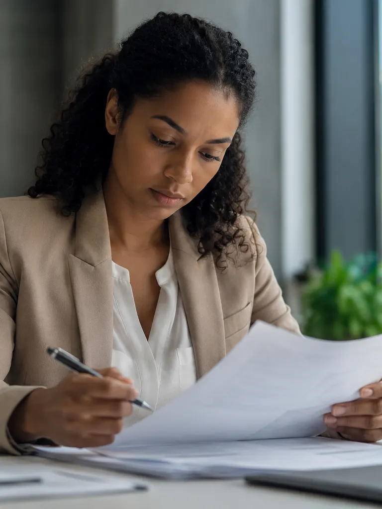 Person seated at a desk carefully reviewing benefit application forms with a pen in hand, a thoughtful and focused expression, in a softly lit office.