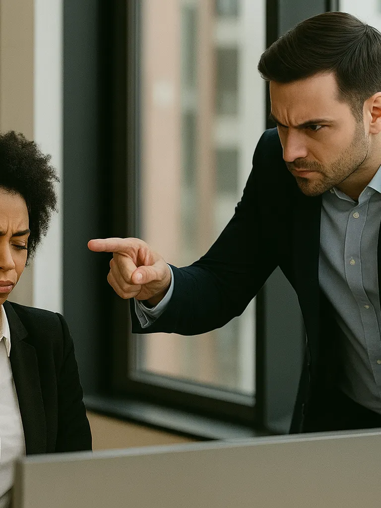 A man pointing finger at an employee wrathfully